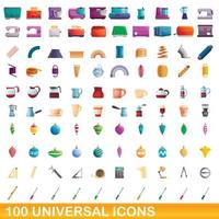 100 universal icons set, cartoon style vector