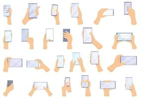 Hand holding phone icons set, cartoon style