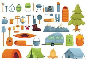 Campsite icons set, cartoon style vector