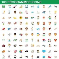 100 programmer icons set, cartoon style vector