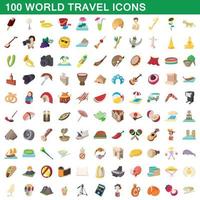 100 iconos de viajes mundiales, estilo de dibujos animados