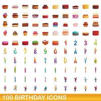 100 cumpleaños, conjunto de iconos de estilo de dibujos animados vector