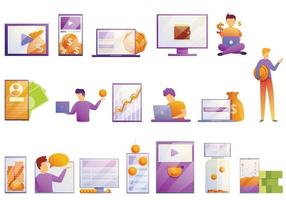 Monetization icons set, cartoon style vector