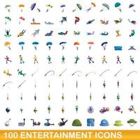 100 entertainment icons set, cartoon style vector