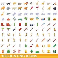 100 iconos de caza, estilo de dibujos animados vector