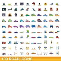 100 road icons set, cartoon style vector