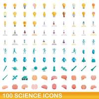 100 ciencia, conjunto de iconos de estilo de dibujos animados vector