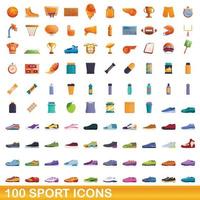 100 iconos deportivos, estilo de dibujos animados vector