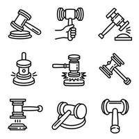 Judge hammer icon set, outline style vector