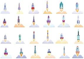 Spacecraft launch icons set, cartoon style vector