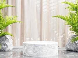 Minimalist marble circle podium for product presentation on palm plant background and open curtains on gray, 3d render photo