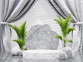 Marble circle podium for product presentation with curtains background in the morning sun, 3d render illustration photo