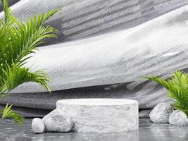Minimalist marble circle podium for product presentation with palm plant background and fabric creeper in the morning, 3d render photo