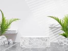 Minimalist marble circle podium for product presentation on palm plant background and open curtains on gray, 3d render photo