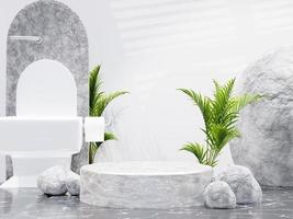 Minimalist marble circle podium for product presentation with boulder background and toilet in the morning, 3d render photo