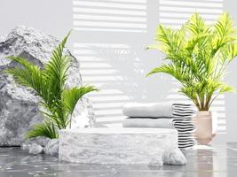 Minimalist marble circle podium for product presentation on palm plant background and open curtains on gray, 3d render photo