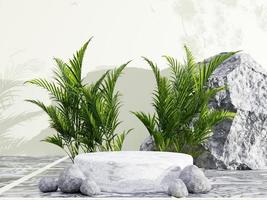 Marble circle podium for product presentation with wall and stone background, 3d rendering illustration photo