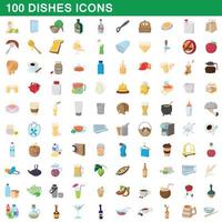 100 dishes icons set, cartoon style