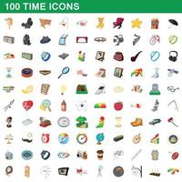 100 time icons set, cartoon style vector