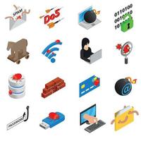 Hacking icons set, isometric 3d style vector