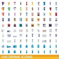 100 drink icons set, cartoon style vector