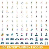 100 entertainment icons set, cartoon style vector