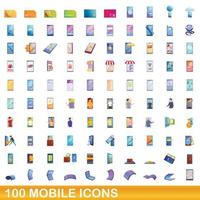 100 iconos móviles, estilo de dibujos animados vector