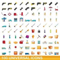 100 universal icons set, cartoon style vector