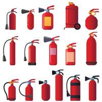 Fire extinguisher icons set, cartoon style vector