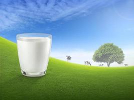 Fresh milk in glass and blurred landscape with cow on meadow. Healthy eating. Rustic style. Space for design photo