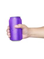 Man holding aluminum can with water droplets isolated on white background photo