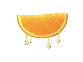 drops of juice falling from orange half isolated on white background photo