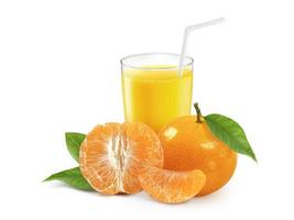 Glass of tangerine or mandarin fruit with pulp and sliced fruits on white background photo