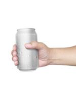 Man holding aluminum can with water droplets isolated on white background photo