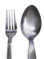 Stainless steel fork and spoon isolated on white background photo