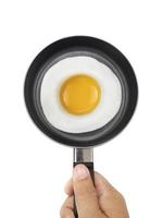 Fried egg on a pan isolated on white with shadow. Top view photo
