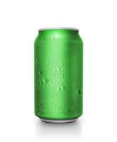 Green aluminum cans with water droplets on a white Background photo