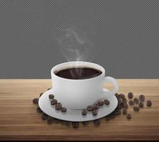 Coffee cup and beans, on a wooden table with smoke isolated on transparent background photo