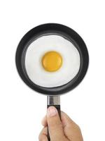 Fried egg on a pan isolated on white with shadow. Top view photo