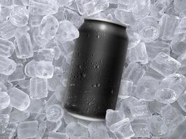 Can of cold beverage, ice cubea of juicy. Summer refreshing drink photo