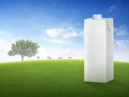 Fresh milk in glass and blurred landscape with cow on meadow. Healthy eating. Rustic style. Space for design photo