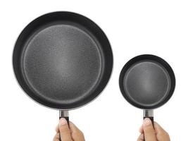 Male's hand holds frying pan. Isolated on white. Top view photo