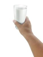 Glass of milk on human hands. isolated on a white background photo