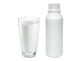 Glass of milk and milk bottle isolated on white background photo