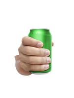 Man holding aluminum can with water droplets isolated on white background photo