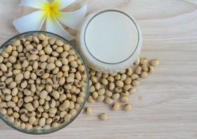 Fresh Soy milk in a glass and organic soybean seeds photo