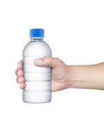 A man hand with bottle of water isolated on white background photo