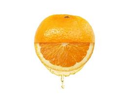 Fresh orange juice dripping isolated on white background. Flat lay. Food concept photo
