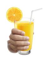 Young man holding orange juice , closeup shot photo