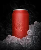 Can of cold beverage, ice cubea of juicy. Summer refreshing drink photo